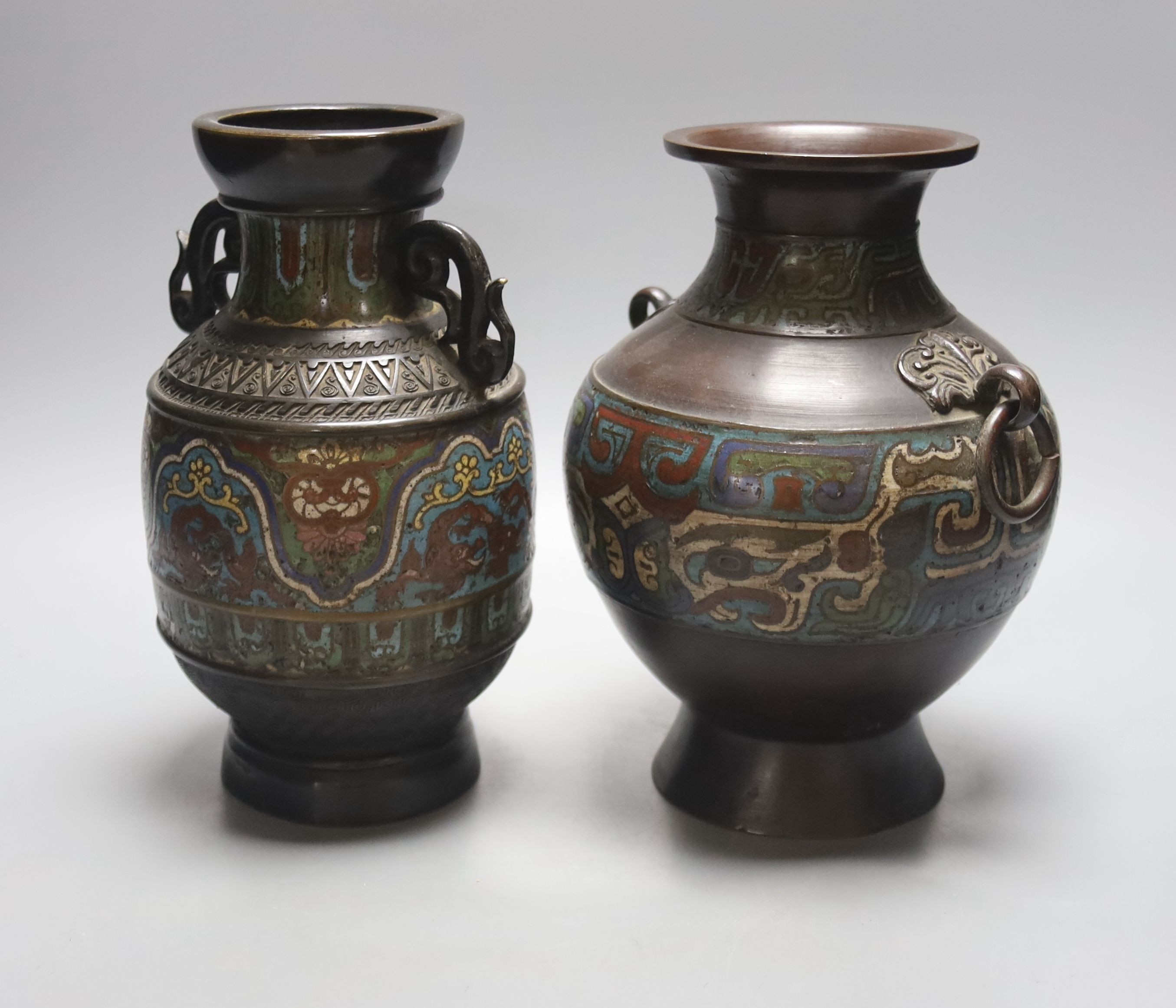 Two early 20th century Japanese champleve enamel and bronze vases 24cm